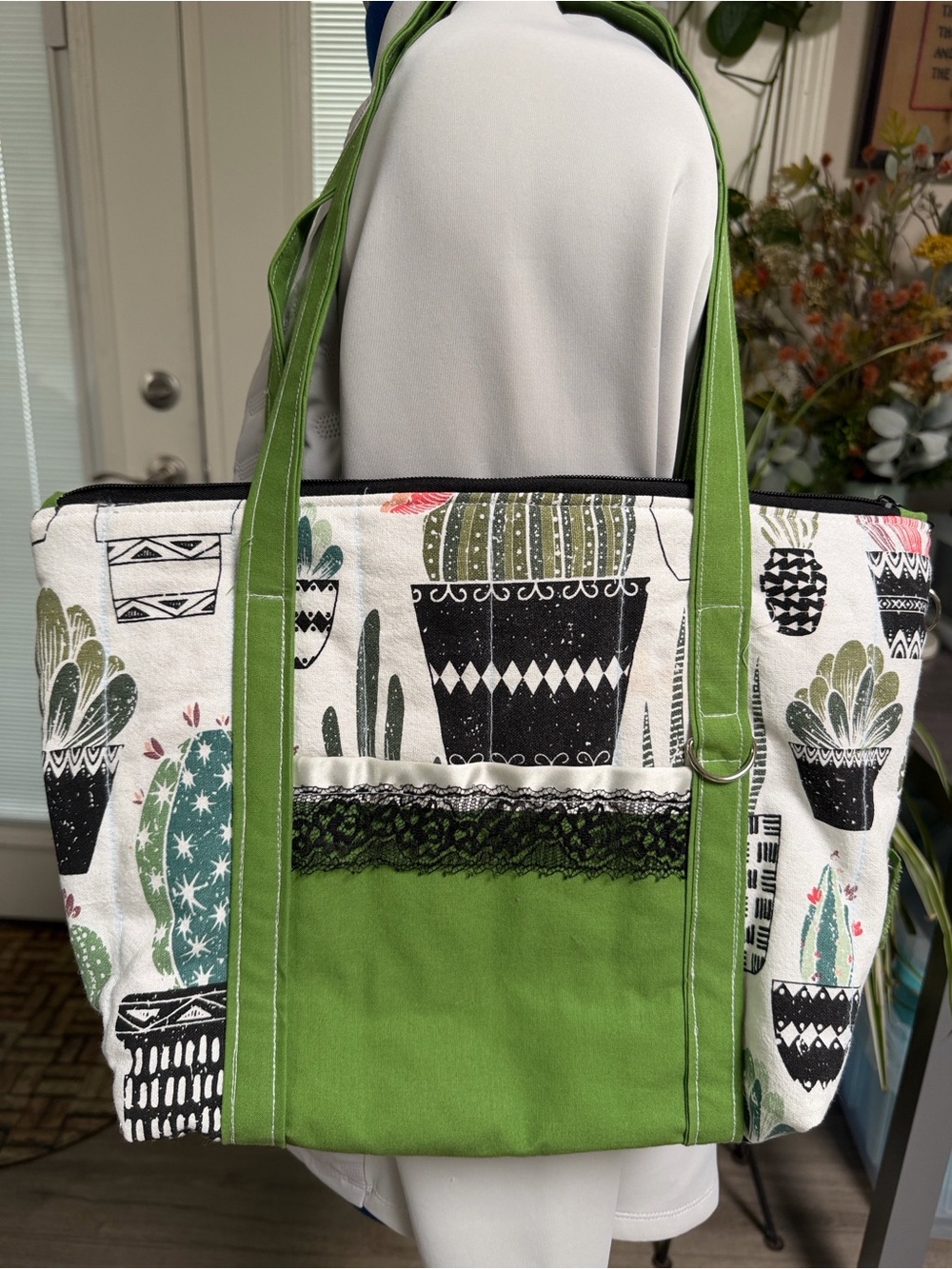 Handmade Green Cactus Print Canvas Tote Bag with Front Pocket